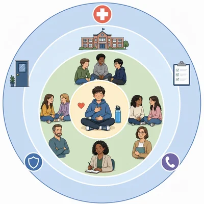 Concentric support circles showing self-care, friends, trusted adults, school supports, and emergency help.
