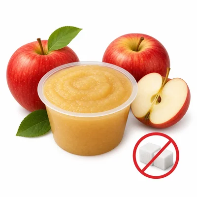 Applesauce with apples and no added sugar cubes shown.