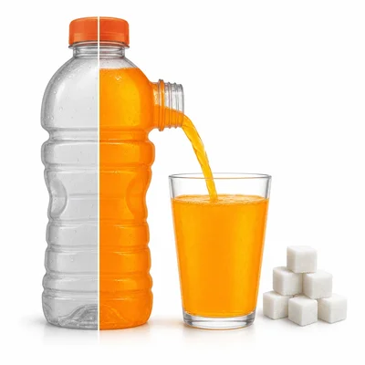 Half of a sports drink container poured as one serving with sugar cubes.