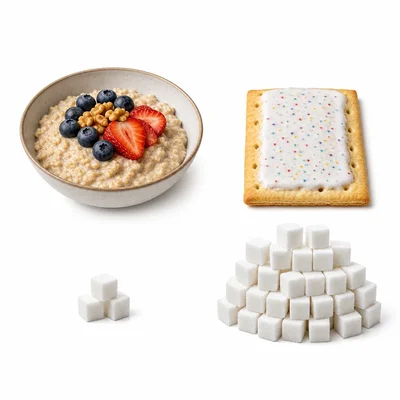 Oatmeal and toaster pastry compared with fewer and more sugar cubes.