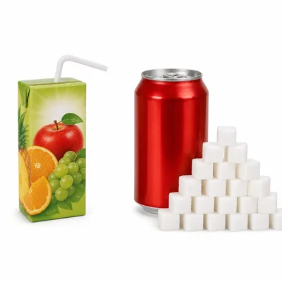 A juice box with no sugar cubes compared to a soda can with many sugar cubes.