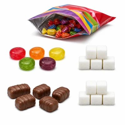 Ten candies arranged as two servings with sugar cubes for each serving.