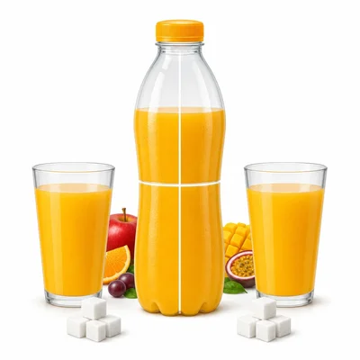 A fruit drink bottle shown as two equal cup servings with sugar cubes.