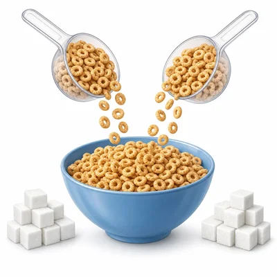 Two measuring cups of cereal going into a bowl with sugar cubes beside it.