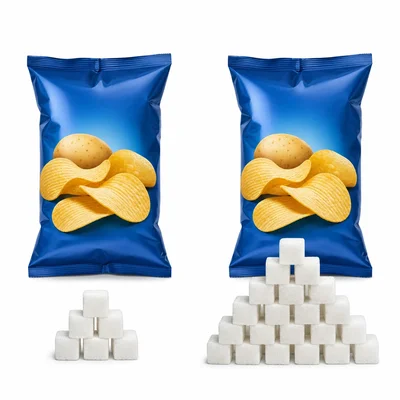 Two same-size snack servings compared with fewer and more sugar cubes.