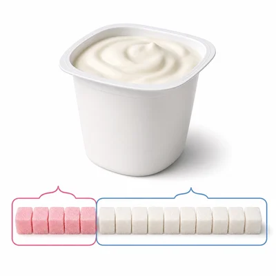 A yogurt cup with sugar cubes divided into added and not added sugar groups.