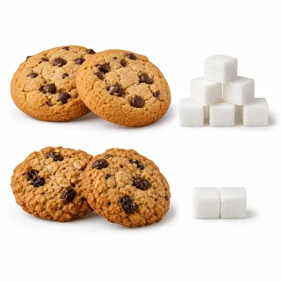 Four cookies arranged as two servings with sugar cubes for each serving.