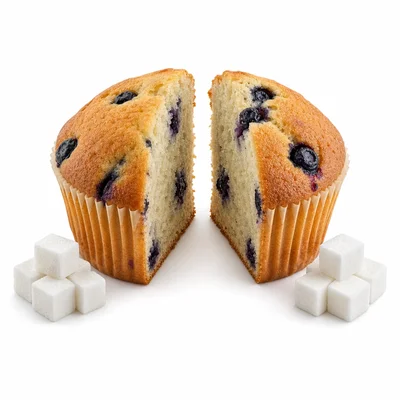 A muffin cut in half with sugar cubes beside each half.