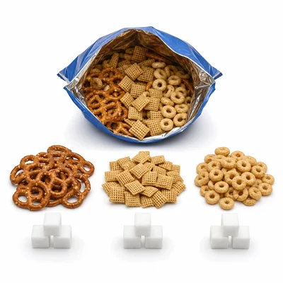 Snack mix divided into three equal servings with sugar cubes for each serving.
