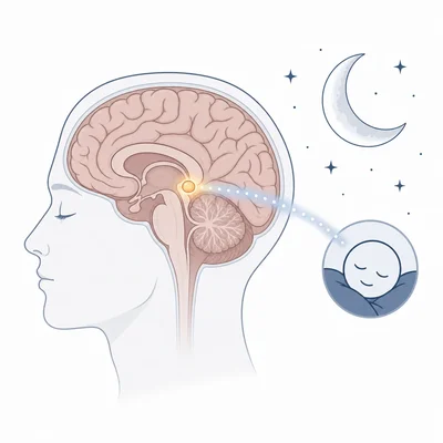 Brain diagram highlighting a sleep-related gland with night symbols.