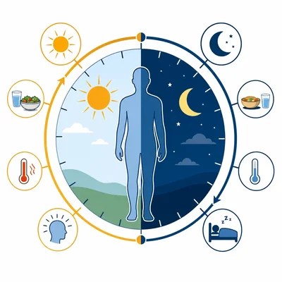 Diagram of a body with a day-night internal clock affecting daily functions.