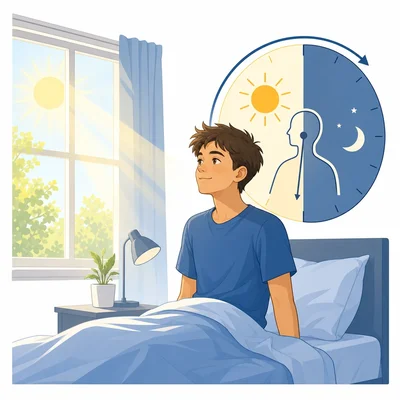 Morning light shining on a student and a body clock symbol.