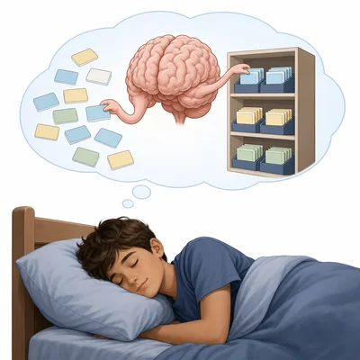 Sleeping student with a brain organizing study cards to show memory support.