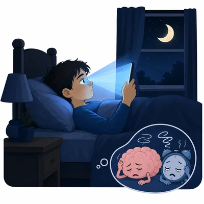 Student using a glowing device in bed at night.