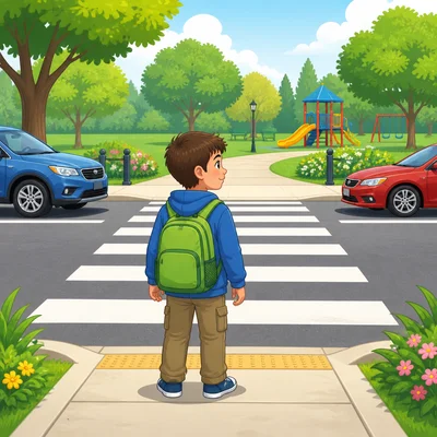 A child checks the street before using a crosswalk to go to a park.