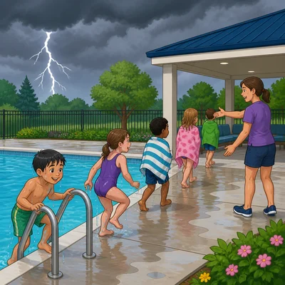 Children leave an outdoor pool when thunder and lightning appear.