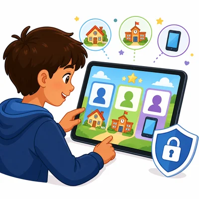 A child sees a tablet asking for private information and a privacy lock symbol.