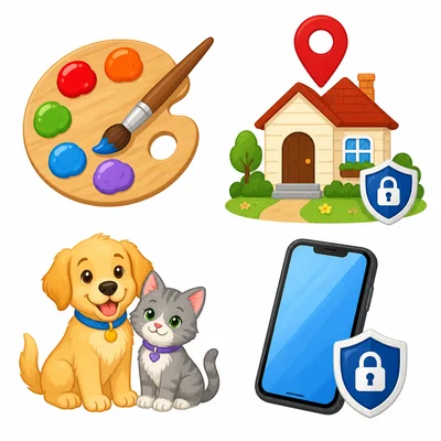 Icons show favorite color, home address, pet name, and phone, with privacy shields by address and phone.