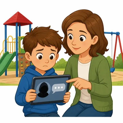 A child shows an online message from a stranger to a trusted adult.