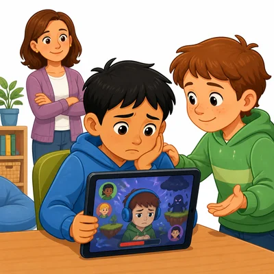 A child notices something unkind online and gets support from a friend and adult.