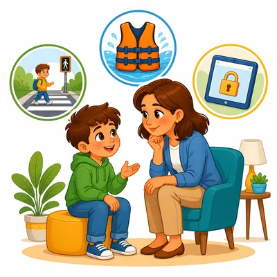 A child talks with a trusted adult about road, water, and internet safety.