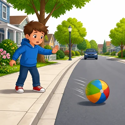 A child stays on the sidewalk while a ball rolls into the street.