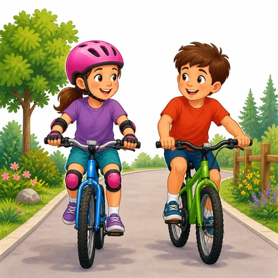 Two children ride bikes, one wearing a helmet and one without.