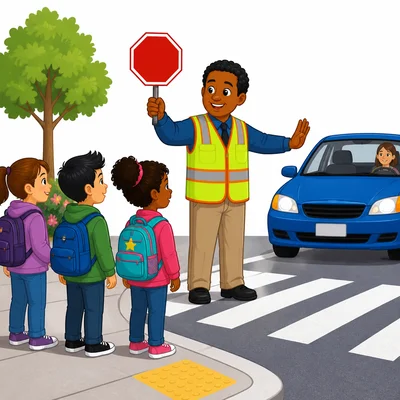 A crossing guard holds up a sign while students and a car wait.