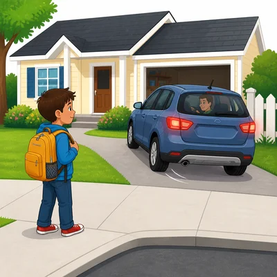 A child stops on the sidewalk as a car backs out of a driveway.