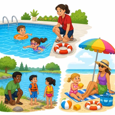 Children near a pool, lake, and beach with an adult and safety gear.