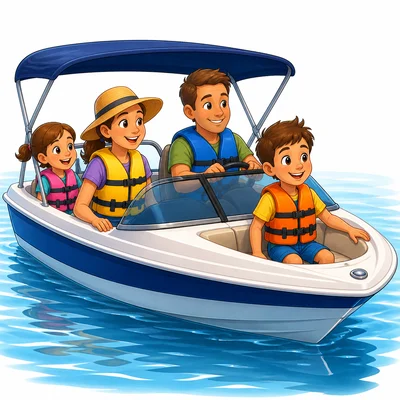 A child and family wear life jackets while riding in a boat.