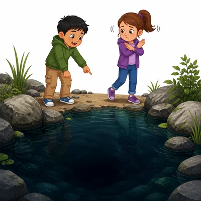 A child refuses to jump into dark water where the bottom cannot be seen.