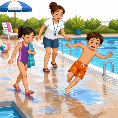 A child slips while running on a wet pool deck.