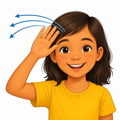 A smiling child signing hello with a hand moving outward from the forehead.