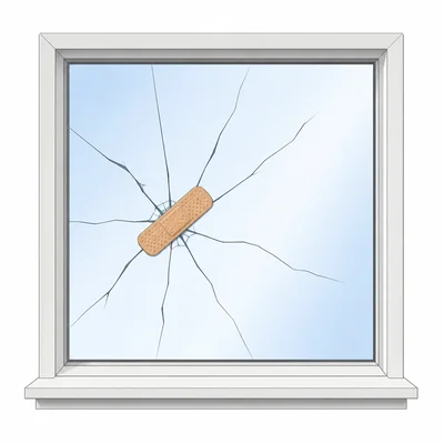 A small bandage covers part of a cracked window.