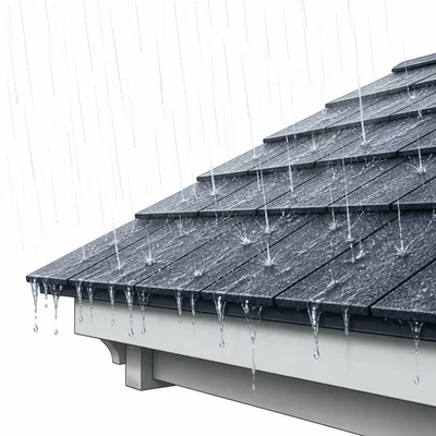 Needle-like rain taps against a roof.