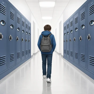 A student walks down a silent hallway where lockers seem watchful.