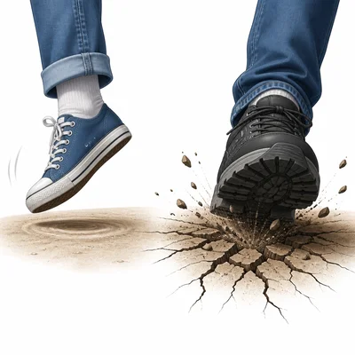 One shoe steps lightly while another stomps heavily.