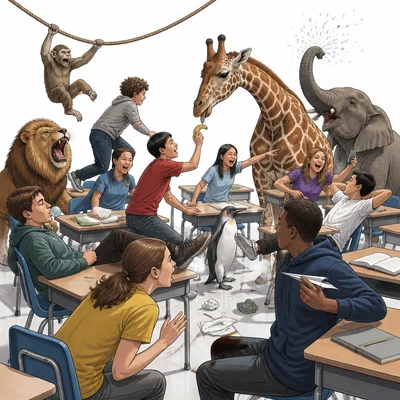 A chaotic classroom scene suggests a zoo-like atmosphere.