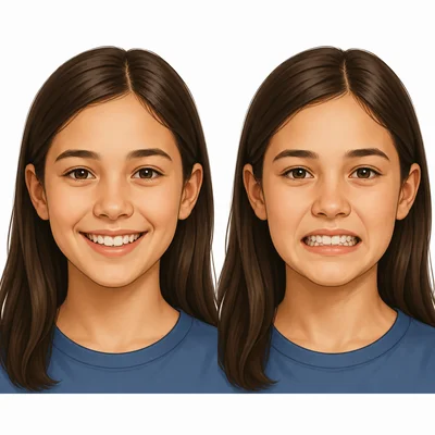 Two faces show a warm smile and a tense, tight smile.