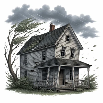 An old house creaks in a stormy wind.
