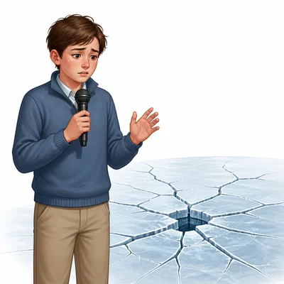 A nervous speaker is shown beside thin ice cracking.