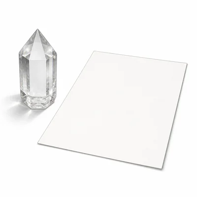 A clear crystal sits beside a blank instruction sheet, suggesting clarity.