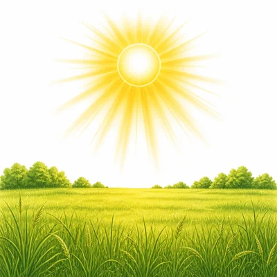 A blazing sun shines intensely over a field.