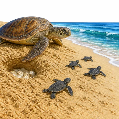 Sea turtle on a beach with hatchlings moving toward the ocean.