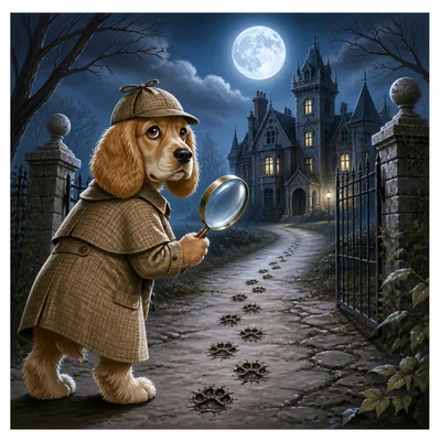 Detective dog with a magnifying glass following muddy paw prints to a moonlit manor.