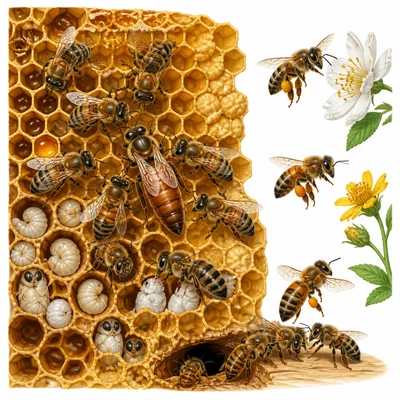 Honeybee colony with queen, worker bees, young bees, and honeycomb.