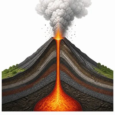 Cross-section of a volcano with melted rock, ash, and gases escaping.