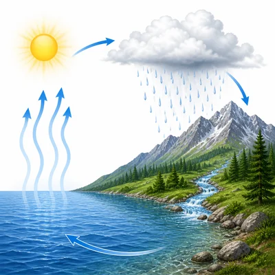Water cycle diagram showing evaporation, clouds, rain, and collection.