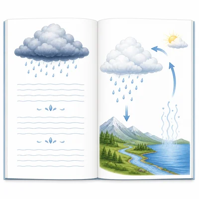 Two blank rain pages, one like a poem and one like a nonfiction diagram.